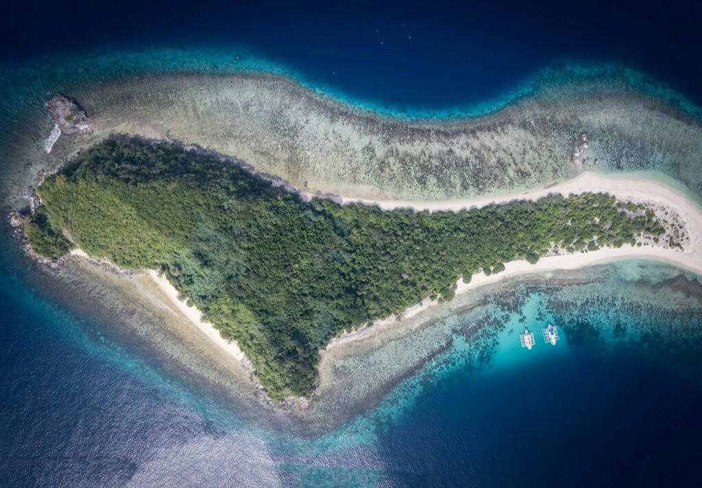 Heart-shaped island with lush greenery and clear blue water