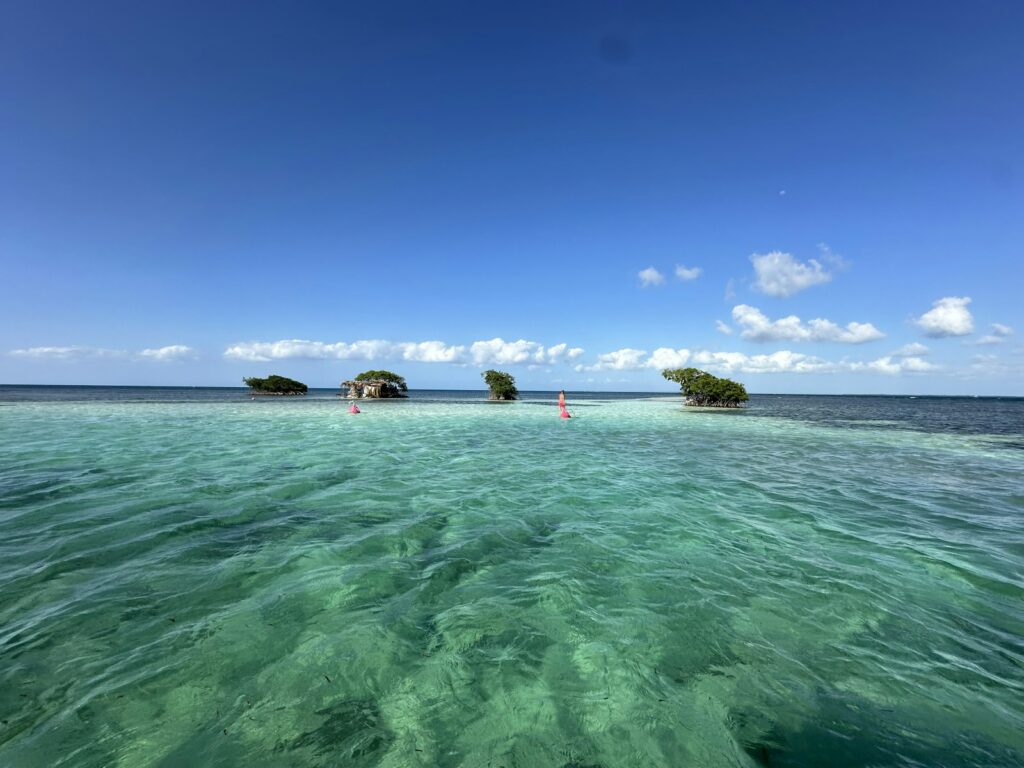 Turquoise water surrounds small islands under a clear blue sky